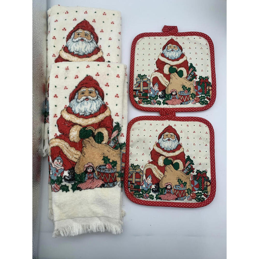 Vintage B&D Christmas‎ Lot Of 2 Kitchen Towels And 2 Hot Pads All Matching Santa